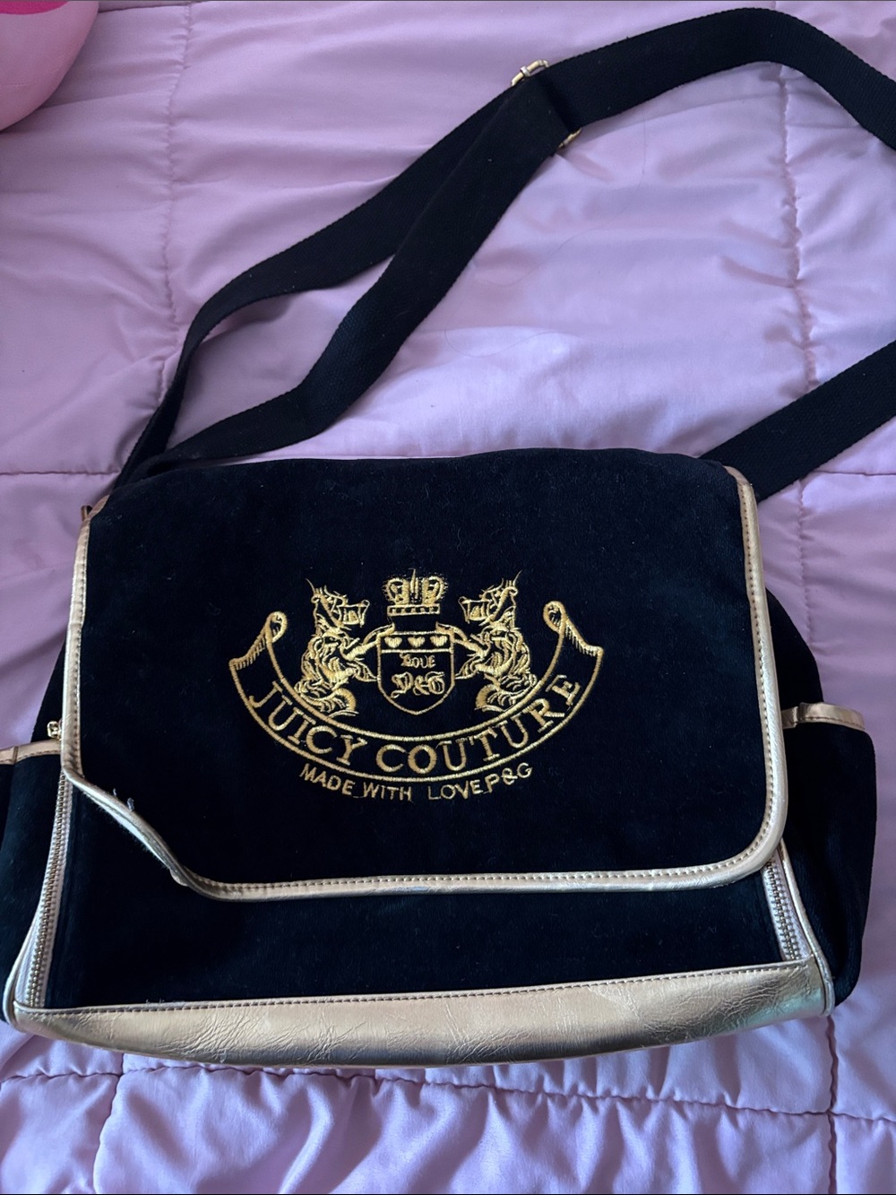 Juicy Couture Black and Gold Velvet Messenger Bag